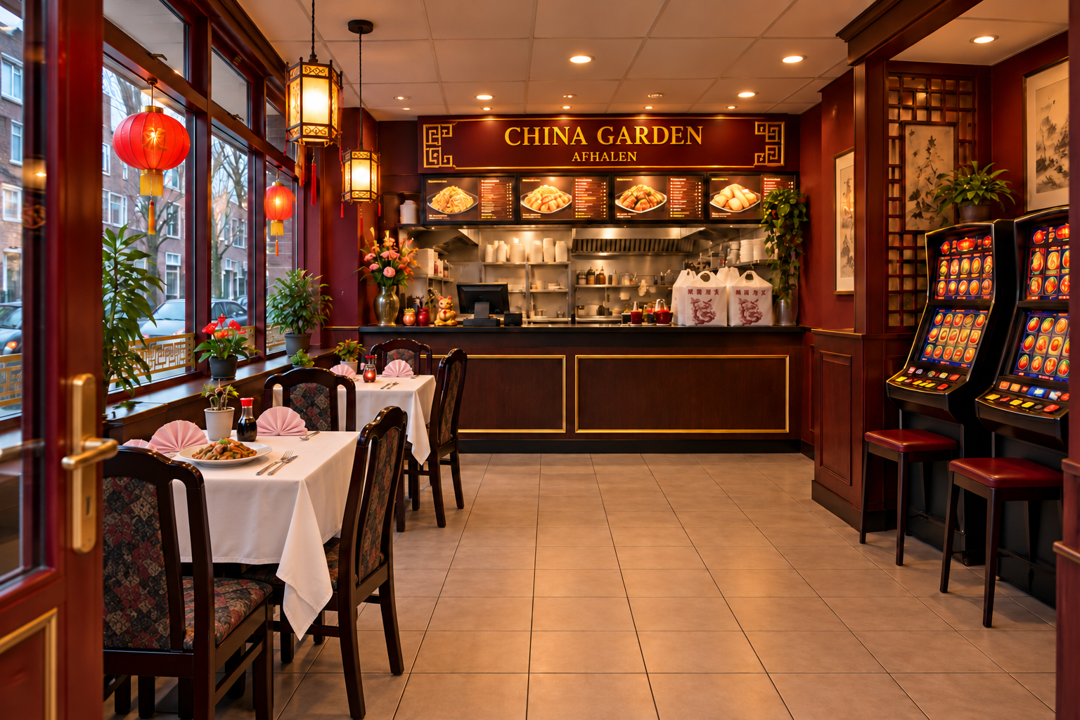 Het warme interieur van China Garden, met rode lantaarns en houten details